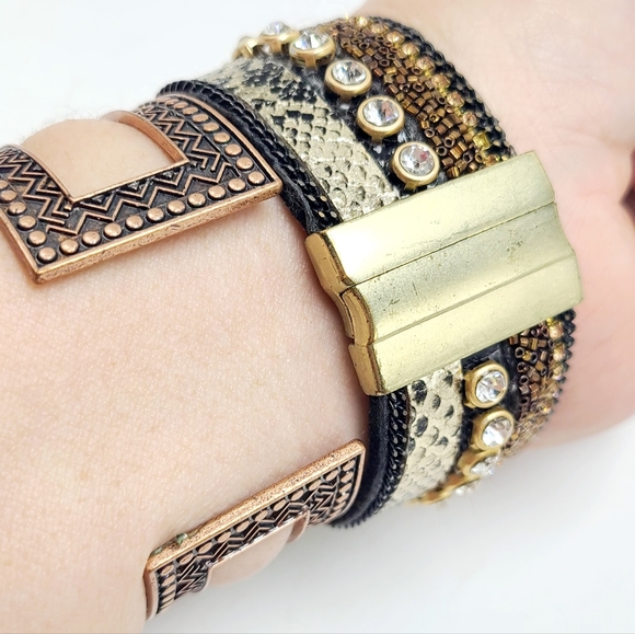 Behind meets steampunk bracelet duo brown copper rhinestones snake print - Picture 2 of 4